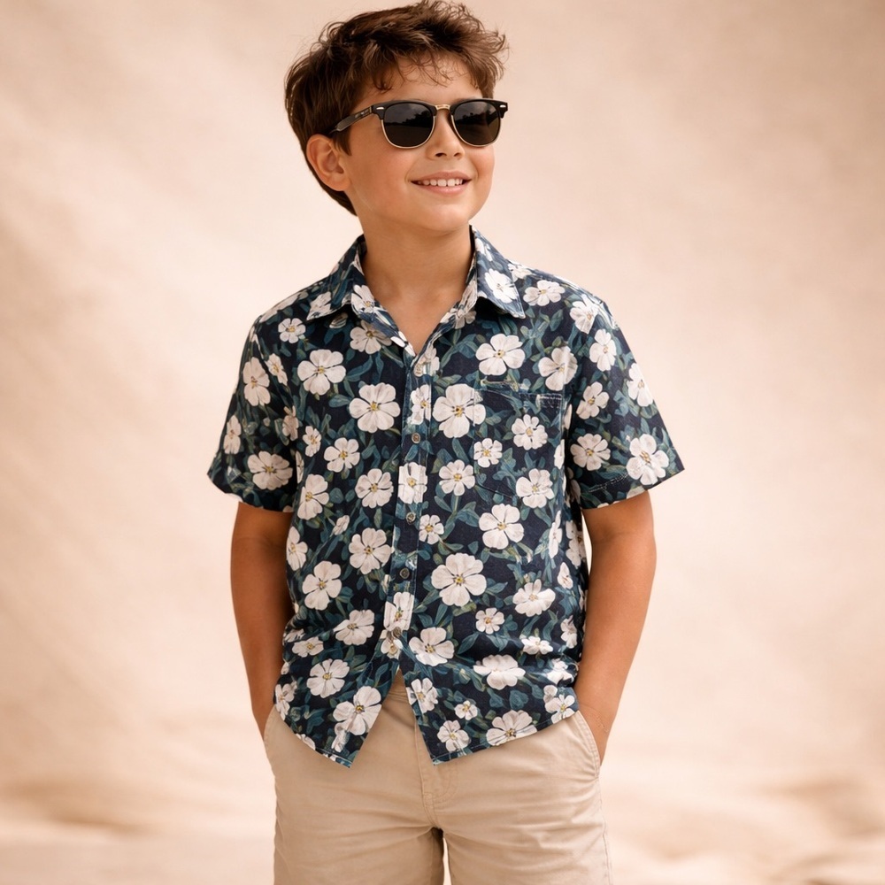 Old Navy Boys Floral Button Down Shirt Short Sleeve Tropical Print M (8)